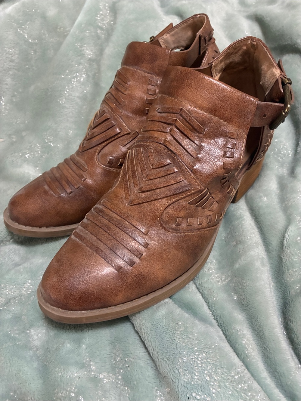 Very G Cognac Brown Cutout Leather Ankle Booties with Buckle Strap